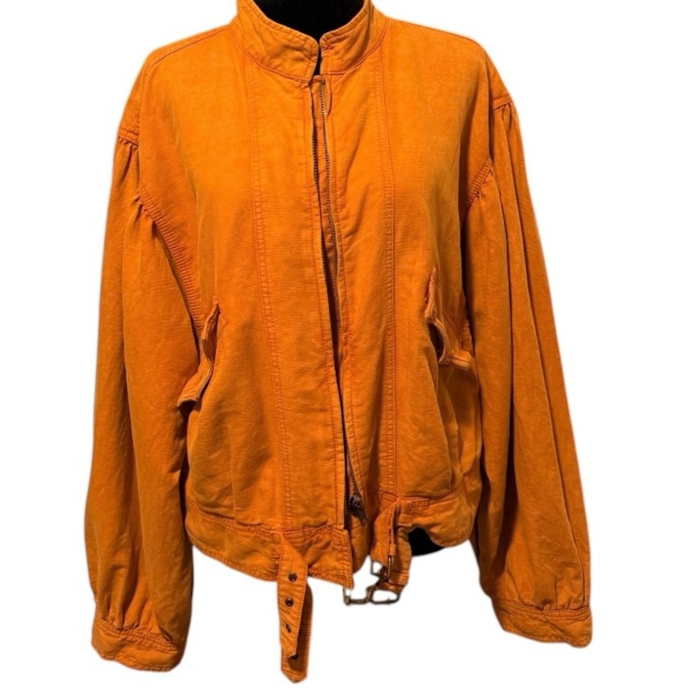 Free People Poet Puff Sleeve Bomber Jacket Sz M Orange Linen Blend Buckle EUC